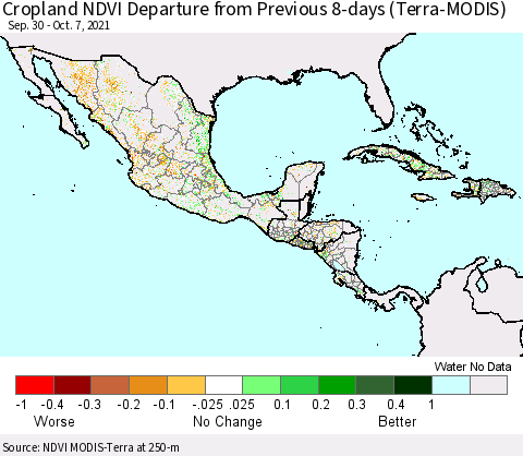 Mexico Central America and the Caribbean Cropland NDVI Departure from Previous 8-days (Terra-MODIS) Thematic Map For 9/30/2021 - 10/7/2021