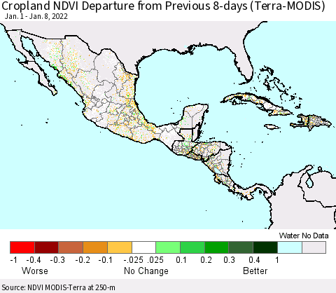 Mexico Central America and the Caribbean Cropland NDVI Departure from Previous 8-days (Terra-MODIS) Thematic Map For 1/1/2022 - 1/8/2022