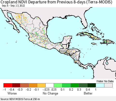 Mexico Central America and the Caribbean Cropland NDVI Departure from Previous 8-days (Terra-MODIS) Thematic Map For 9/6/2022 - 9/13/2022