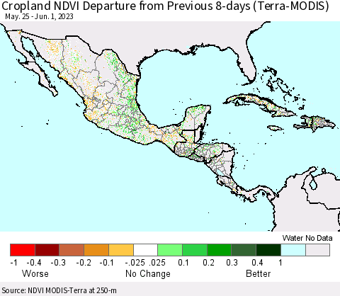 Mexico Central America and the Caribbean Cropland NDVI Departure from Previous 8-days (Terra-MODIS) Thematic Map For 5/25/2023 - 6/1/2023
