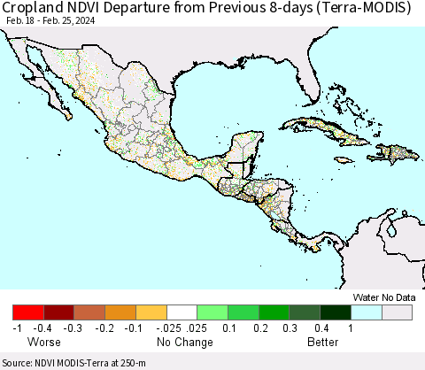 Mexico Central America and the Caribbean Cropland NDVI Departure from Previous 8-days (Terra-MODIS) Thematic Map For 2/18/2024 - 2/25/2024