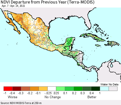 Mexico Central America and the Caribbean NDVI Departure from Previous Year (Terra-MODIS) Thematic Map For 4/7/2021 - 4/14/2021