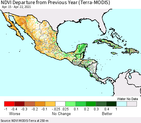 Mexico Central America and the Caribbean NDVI Departure from Previous Year (Terra-MODIS) Thematic Map For 4/15/2021 - 4/22/2021