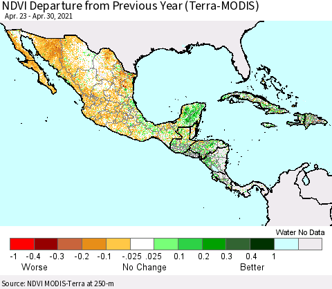 Mexico Central America and the Caribbean NDVI Departure from Previous Year (Terra-MODIS) Thematic Map For 4/23/2021 - 4/30/2021