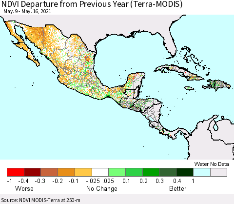 Mexico Central America and the Caribbean NDVI Departure from Previous Year (Terra-MODIS) Thematic Map For 5/9/2021 - 5/16/2021