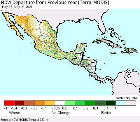 Mexico Central America and the Caribbean NDVI Departure from Previous Year (Terra-MODIS) Thematic Map For 5/17/2021 - 5/24/2021