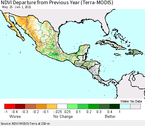 Mexico Central America and the Caribbean NDVI Departure from Previous Year (Terra-MODIS) Thematic Map For 5/25/2021 - 6/1/2021