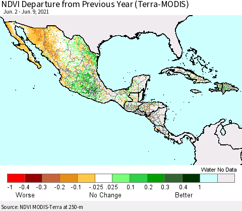 Mexico Central America and the Caribbean NDVI Departure from Previous Year (Terra-MODIS) Thematic Map For 6/2/2021 - 6/9/2021