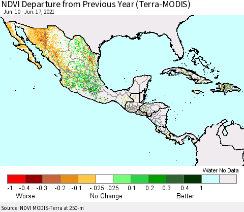 Mexico Central America and the Caribbean NDVI Departure from Previous Year (Terra-MODIS) Thematic Map For 6/10/2021 - 6/17/2021