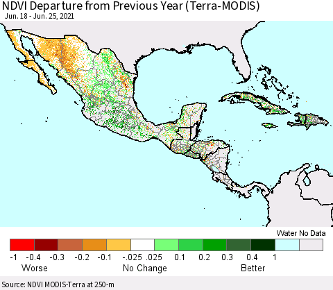 Mexico Central America and the Caribbean NDVI Departure from Previous Year (Terra-MODIS) Thematic Map For 6/18/2021 - 6/25/2021