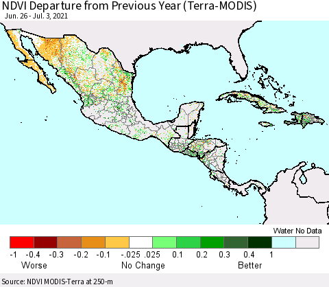 Mexico Central America and the Caribbean NDVI Departure from Previous Year (Terra-MODIS) Thematic Map For 6/26/2021 - 7/3/2021