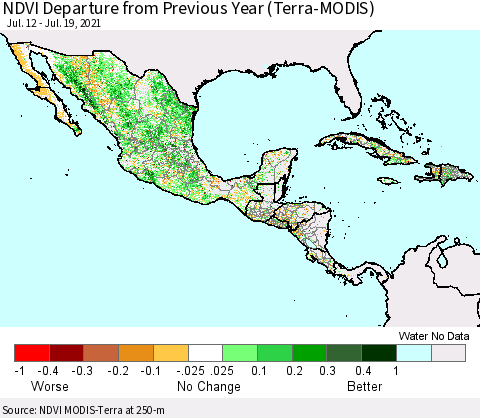 Mexico Central America and the Caribbean NDVI Departure from Previous Year (Terra-MODIS) Thematic Map For 7/12/2021 - 7/19/2021