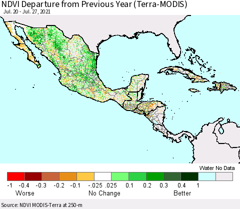 Mexico Central America and the Caribbean NDVI Departure from Previous Year (Terra-MODIS) Thematic Map For 7/20/2021 - 7/27/2021