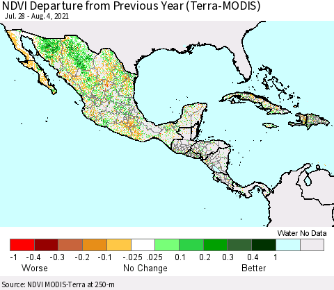 Mexico Central America and the Caribbean NDVI Departure from Previous Year (Terra-MODIS) Thematic Map For 7/28/2021 - 8/4/2021