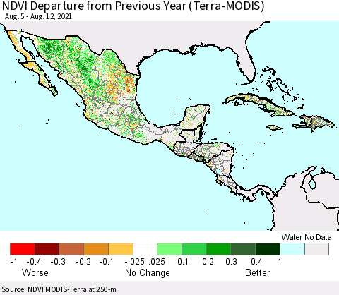 Mexico Central America and the Caribbean NDVI Departure from Previous Year (Terra-MODIS) Thematic Map For 8/5/2021 - 8/12/2021
