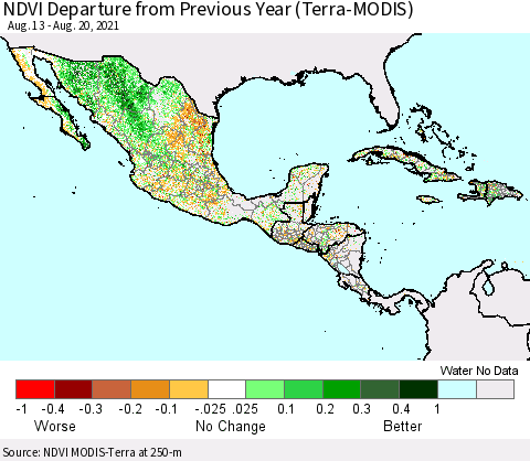 Mexico Central America and the Caribbean NDVI Departure from Previous Year (Terra-MODIS) Thematic Map For 8/13/2021 - 8/20/2021