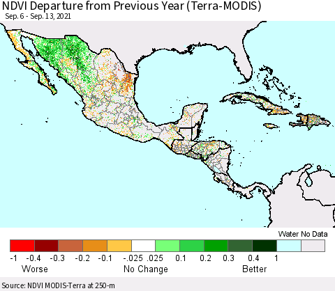 Mexico Central America and the Caribbean NDVI Departure from Previous Year (Terra-MODIS) Thematic Map For 9/6/2021 - 9/13/2021