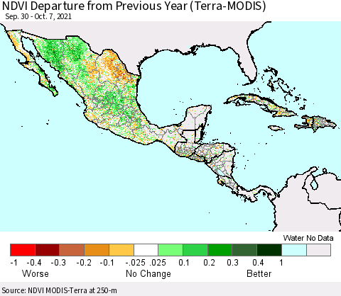 Mexico Central America and the Caribbean NDVI Departure from Previous Year (Terra-MODIS) Thematic Map For 9/30/2021 - 10/7/2021