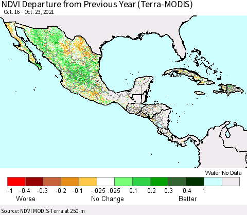 Mexico Central America and the Caribbean NDVI Departure from Previous Year (Terra-MODIS) Thematic Map For 10/16/2021 - 10/23/2021