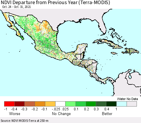 Mexico Central America and the Caribbean NDVI Departure from Previous Year (Terra-MODIS) Thematic Map For 10/24/2021 - 10/31/2021