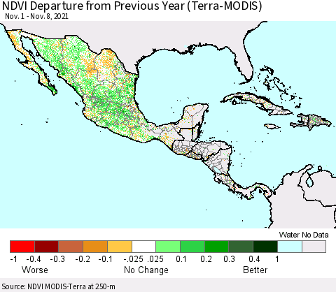 Mexico Central America and the Caribbean NDVI Departure from Previous Year (Terra-MODIS) Thematic Map For 11/1/2021 - 11/8/2021