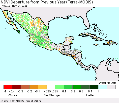 Mexico Central America and the Caribbean NDVI Departure from Previous Year (Terra-MODIS) Thematic Map For 11/17/2021 - 11/24/2021