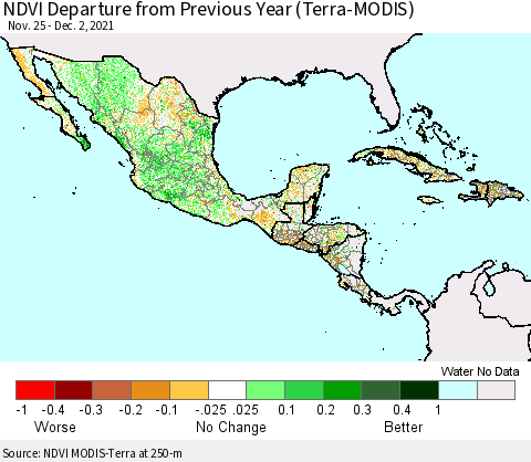 Mexico Central America and the Caribbean NDVI Departure from Previous Year (Terra-MODIS) Thematic Map For 11/25/2021 - 12/2/2021