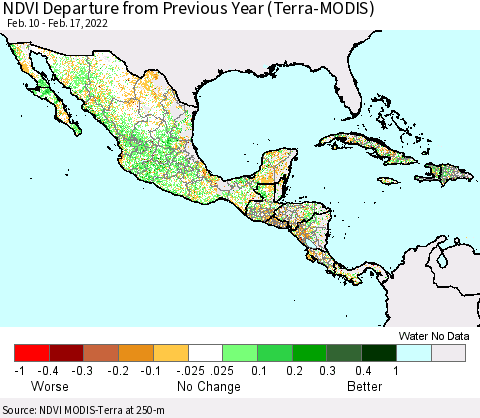 Mexico Central America and the Caribbean NDVI Departure from Previous Year (Terra-MODIS) Thematic Map For 2/10/2022 - 2/17/2022