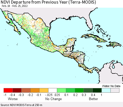 Mexico Central America and the Caribbean NDVI Departure from Previous Year (Terra-MODIS) Thematic Map For 2/18/2022 - 2/25/2022