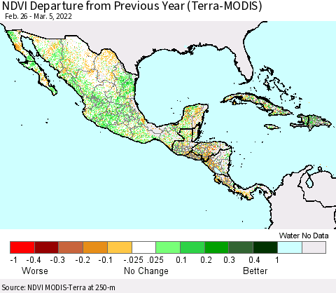 Mexico Central America and the Caribbean NDVI Departure from Previous Year (Terra-MODIS) Thematic Map For 2/26/2022 - 3/5/2022