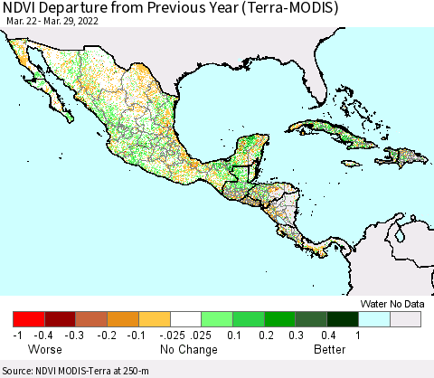 Mexico Central America and the Caribbean NDVI Departure from Previous Year (Terra-MODIS) Thematic Map For 3/22/2022 - 3/29/2022