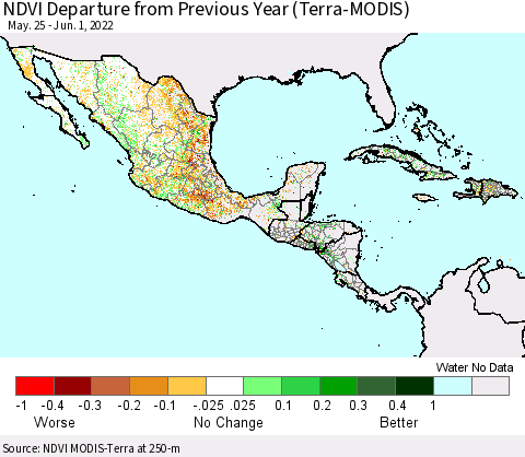 Mexico Central America and the Caribbean NDVI Departure from Previous Year (Terra-MODIS) Thematic Map For 5/25/2022 - 6/1/2022