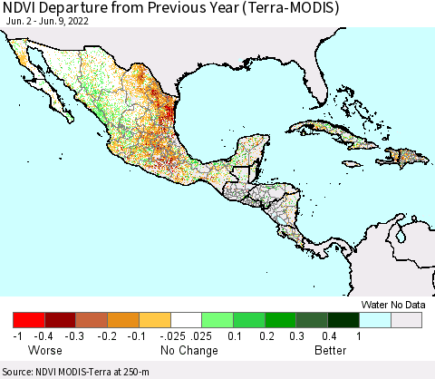 Mexico Central America and the Caribbean NDVI Departure from Previous Year (Terra-MODIS) Thematic Map For 6/2/2022 - 6/9/2022