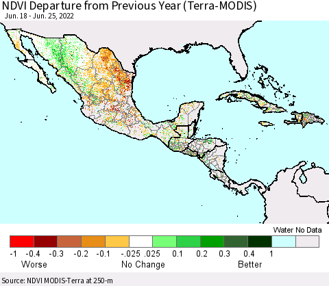 Mexico Central America and the Caribbean NDVI Departure from Previous Year (Terra-MODIS) Thematic Map For 6/18/2022 - 6/25/2022
