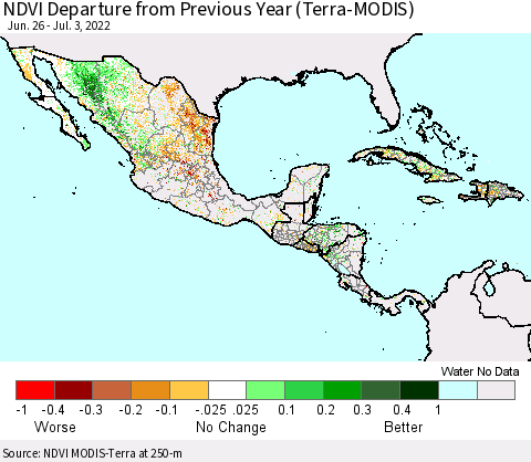 Mexico Central America and the Caribbean NDVI Departure from Previous Year (Terra-MODIS) Thematic Map For 6/26/2022 - 7/3/2022