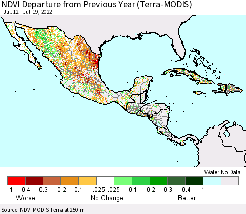 Mexico Central America and the Caribbean NDVI Departure from Previous Year (Terra-MODIS) Thematic Map For 7/12/2022 - 7/19/2022