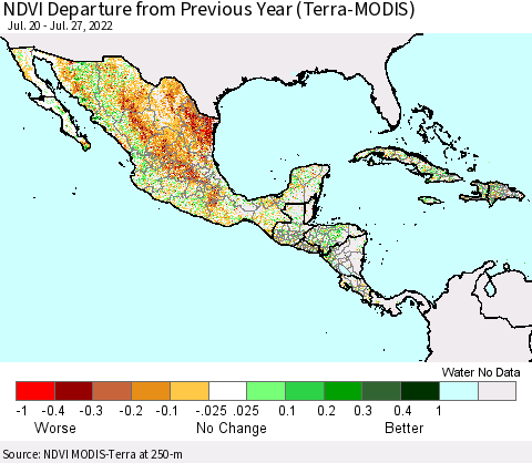 Mexico Central America and the Caribbean NDVI Departure from Previous Year (Terra-MODIS) Thematic Map For 7/20/2022 - 7/27/2022