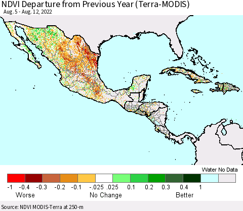 Mexico Central America and the Caribbean NDVI Departure from Previous Year (Terra-MODIS) Thematic Map For 8/5/2022 - 8/12/2022