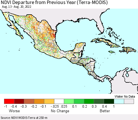 Mexico Central America and the Caribbean NDVI Departure from Previous Year (Terra-MODIS) Thematic Map For 8/13/2022 - 8/20/2022