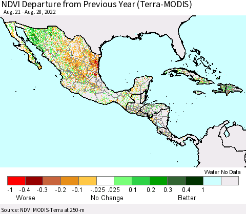 Mexico Central America and the Caribbean NDVI Departure from Previous Year (Terra-MODIS) Thematic Map For 8/21/2022 - 8/28/2022
