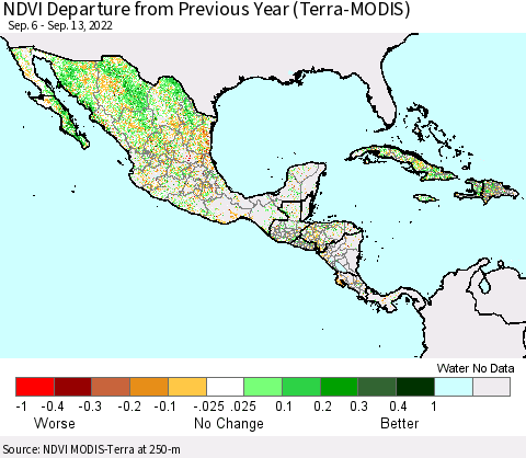Mexico Central America and the Caribbean NDVI Departure from Previous Year (Terra-MODIS) Thematic Map For 9/6/2022 - 9/13/2022