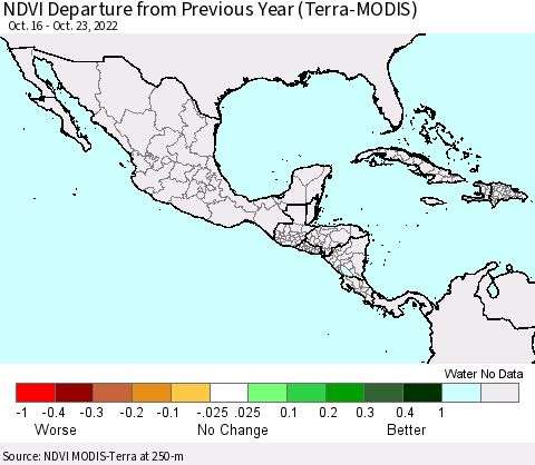 Mexico Central America and the Caribbean NDVI Departure from Previous Year (Terra-MODIS) Thematic Map For 10/16/2022 - 10/23/2022
