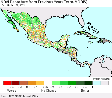 Mexico Central America and the Caribbean NDVI Departure from Previous Year (Terra-MODIS) Thematic Map For 10/24/2022 - 10/31/2022