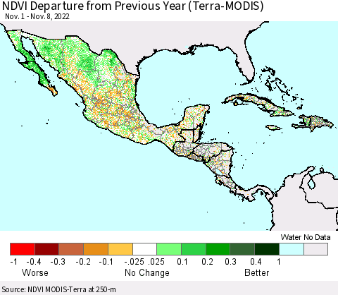 Mexico Central America and the Caribbean NDVI Departure from Previous Year (Terra-MODIS) Thematic Map For 11/1/2022 - 11/8/2022
