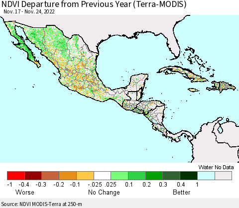 Mexico Central America and the Caribbean NDVI Departure from Previous Year (Terra-MODIS) Thematic Map For 11/17/2022 - 11/24/2022