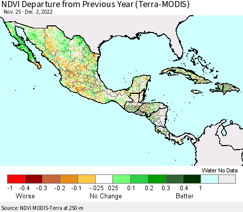 Mexico Central America and the Caribbean NDVI Departure from Previous Year (Terra-MODIS) Thematic Map For 11/25/2022 - 12/2/2022
