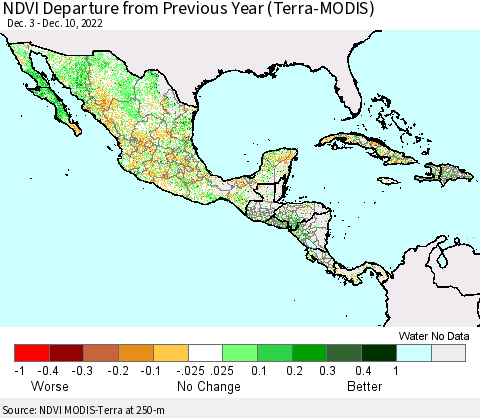 Mexico Central America and the Caribbean NDVI Departure from Previous Year (Terra-MODIS) Thematic Map For 12/3/2022 - 12/10/2022