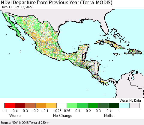Mexico Central America and the Caribbean NDVI Departure from Previous Year (Terra-MODIS) Thematic Map For 12/11/2022 - 12/18/2022