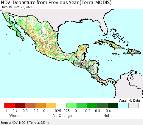 Mexico Central America and the Caribbean NDVI Departure from Previous Year (Terra-MODIS) Thematic Map For 12/19/2022 - 12/26/2022