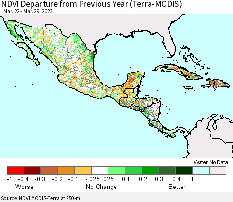 Mexico Central America and the Caribbean NDVI Departure from Previous Year (Terra-MODIS) Thematic Map For 3/22/2023 - 3/29/2023